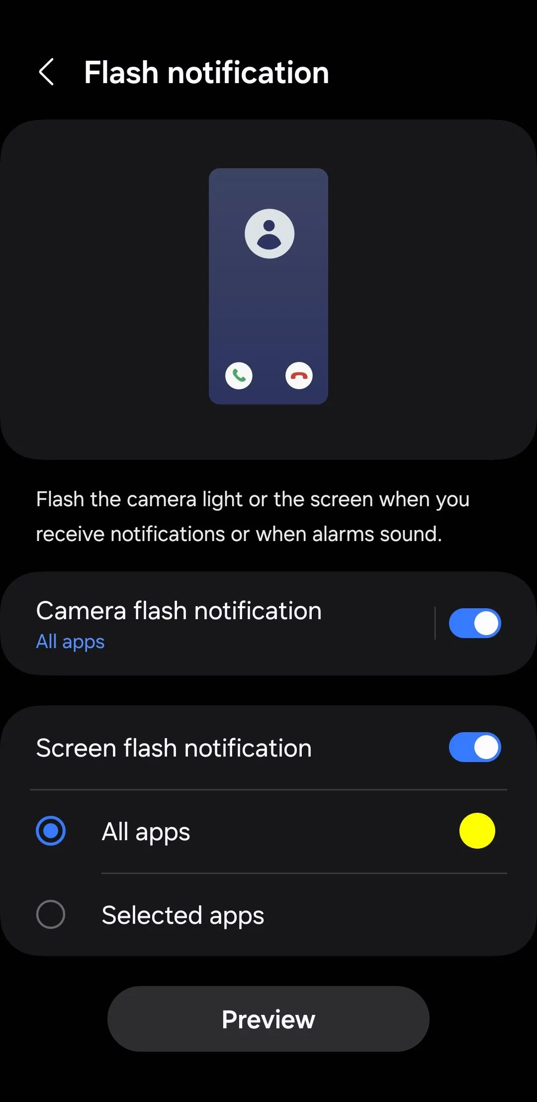 Menu cấu hình thông báo đèn flash trên Android, kích hoạt đèn flash camera nháy sáng khi có cuộc gọi hoặc tin nhắn.