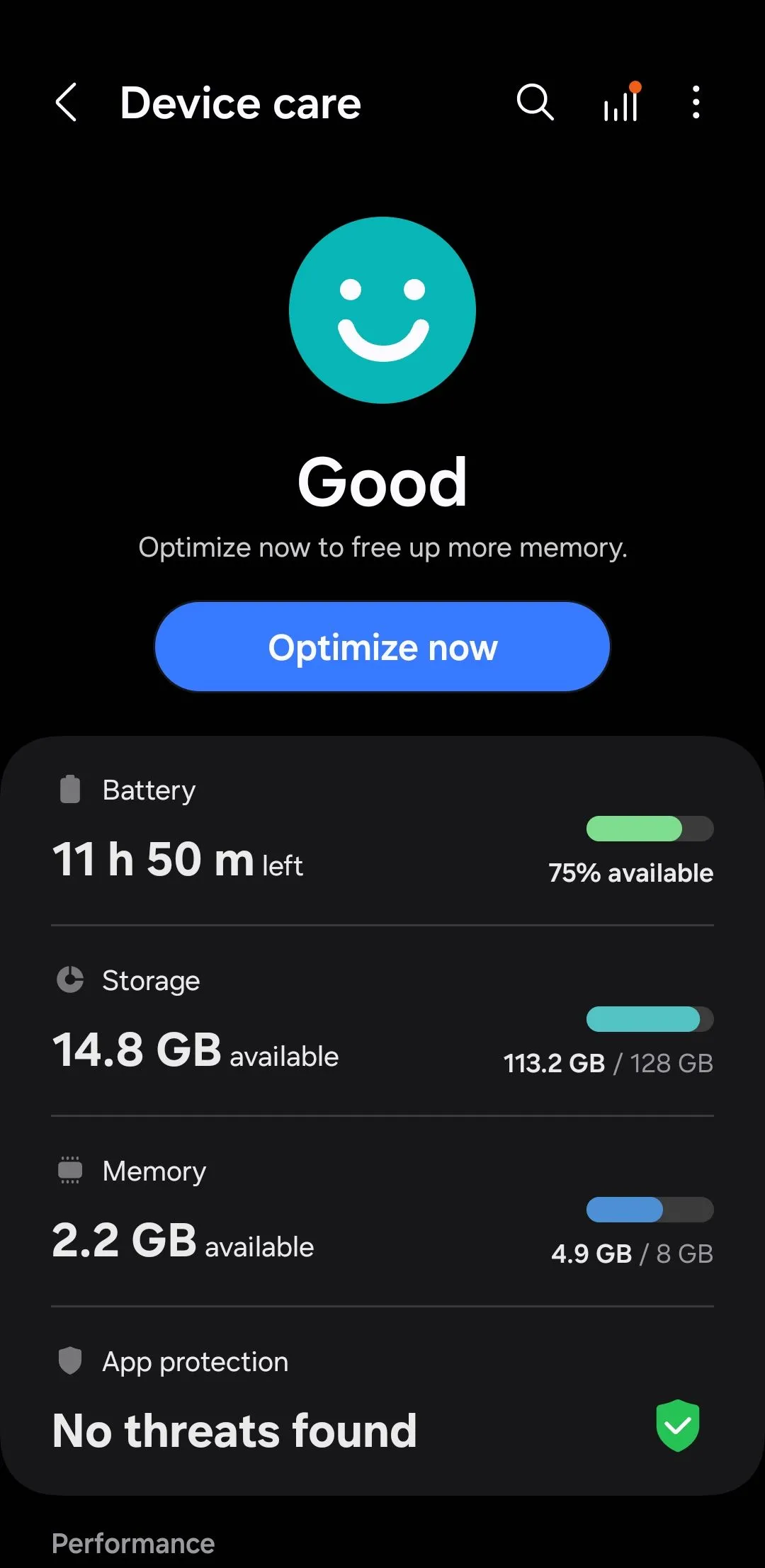 Menu Chăm sóc thiết bị trên điện thoại Samsung Galaxy, hiển thị các tùy chọn quản lý bộ nhớ và hiệu suất