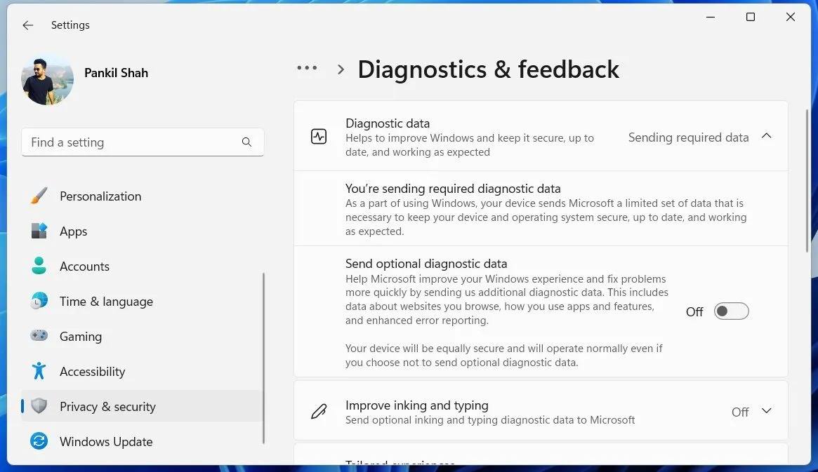 Menu chẩn đoán và phản hồi trong cài đặt Windows 11 để quản lý dữ liệu