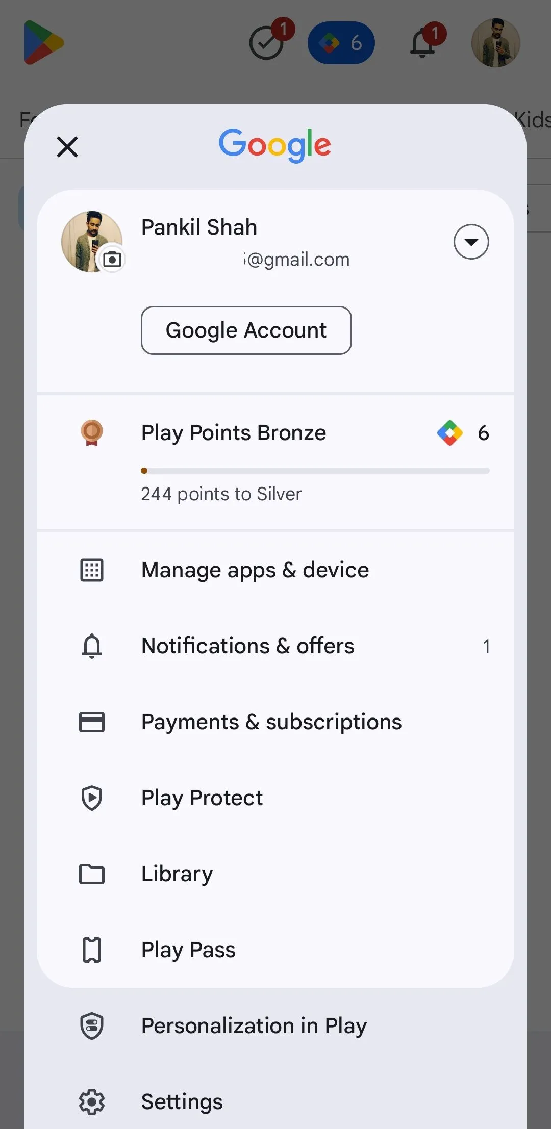 Menu chính của Google Play Store trên điện thoại Android