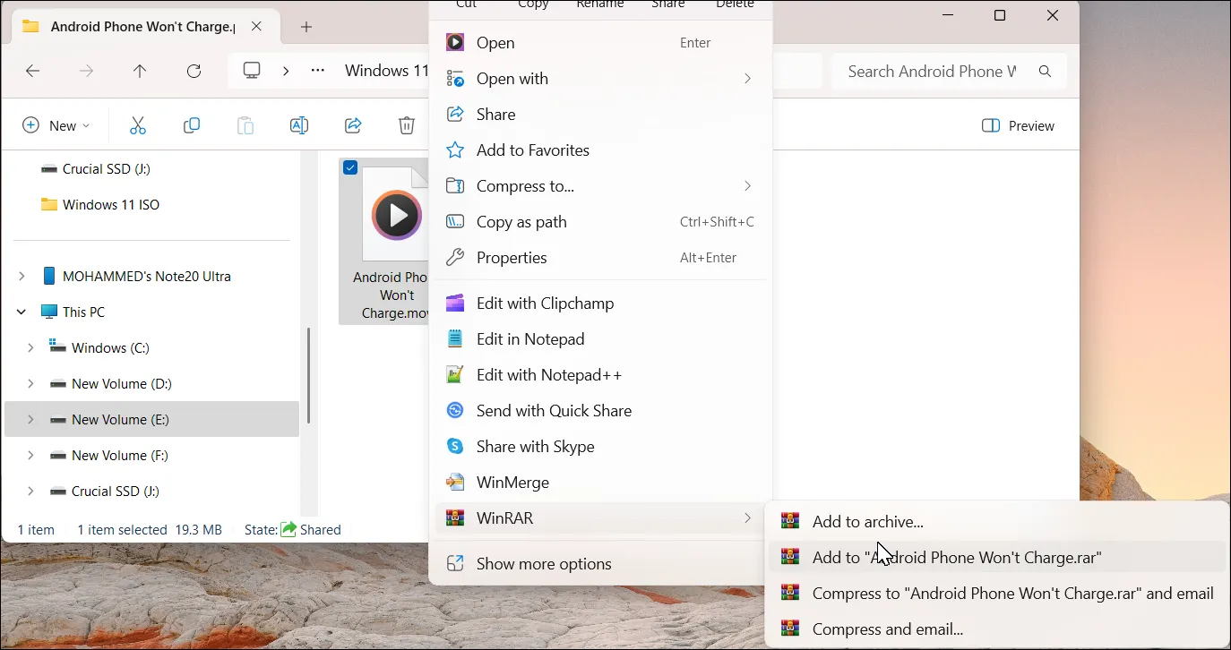 Menu chuột phải File Explorer với tùy chọn WinRAR add to archive