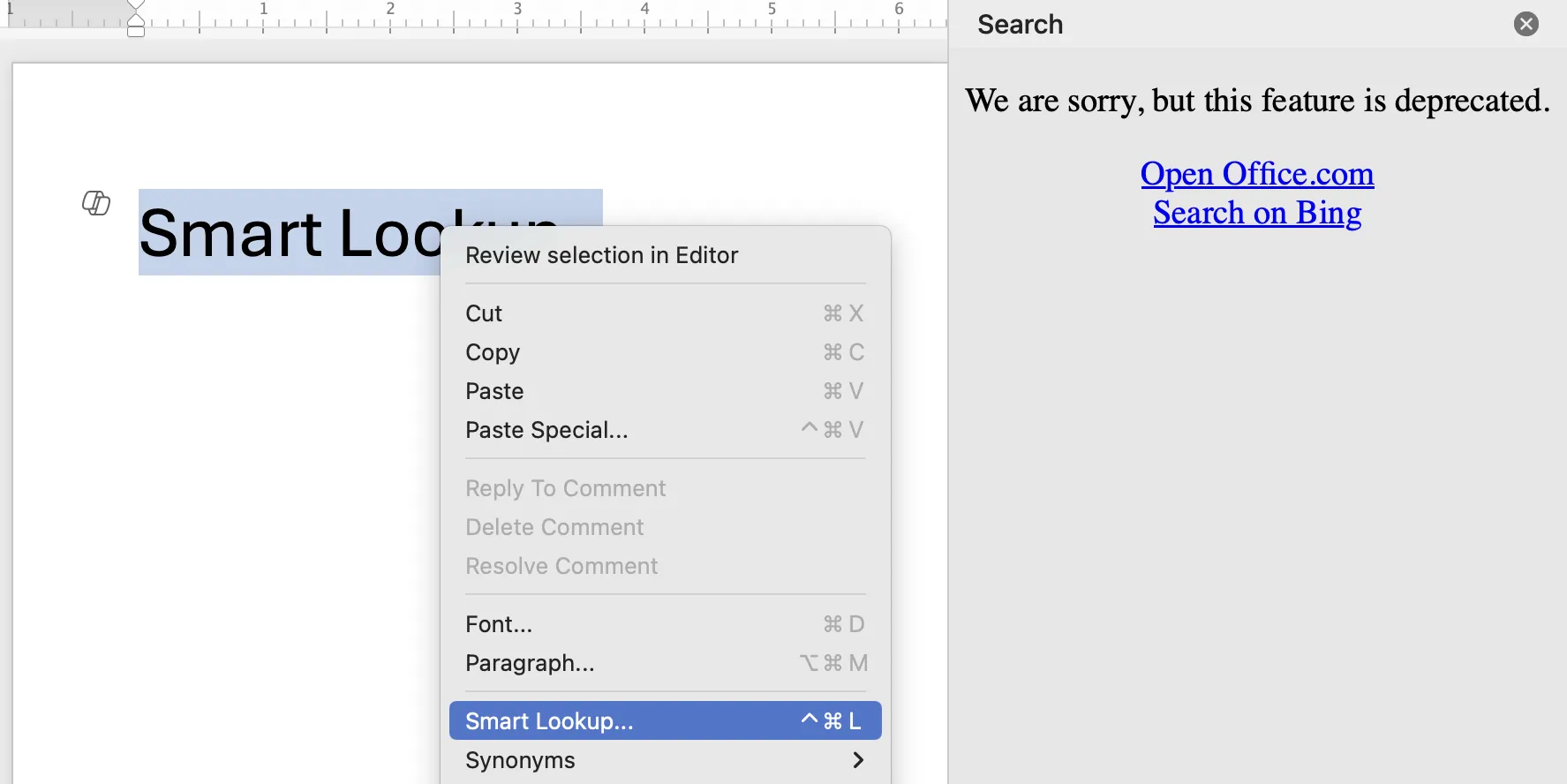 Menu chuột phải trong Microsoft Word hiển thị tùy chọn Smart Lookup bị loại bỏ