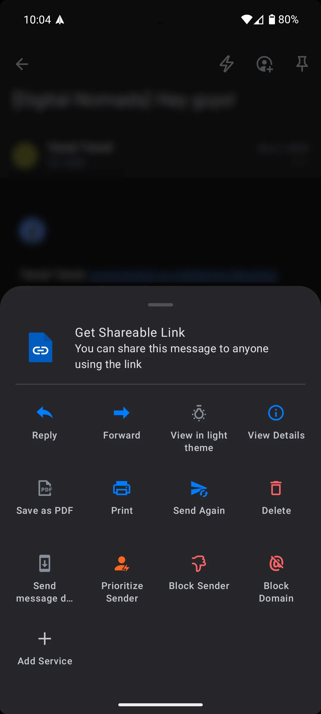 Menu cuộc trò chuyện trong Spark Mail Android cho phép chia sẻ liên kết web của email