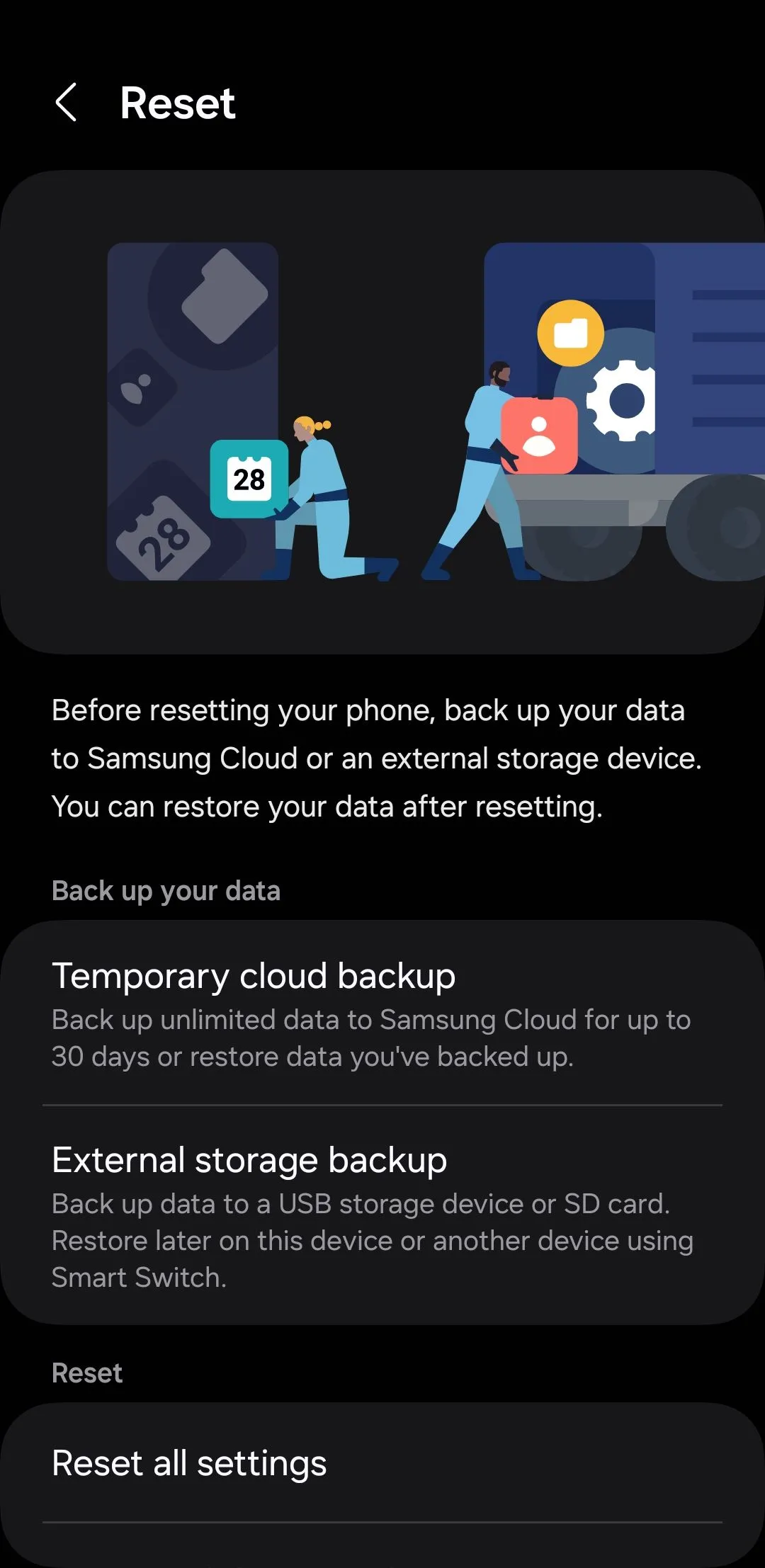 Menu Đặt lại trên điện thoại Samsung, bao gồm tùy chọn khôi phục cài đặt gốc