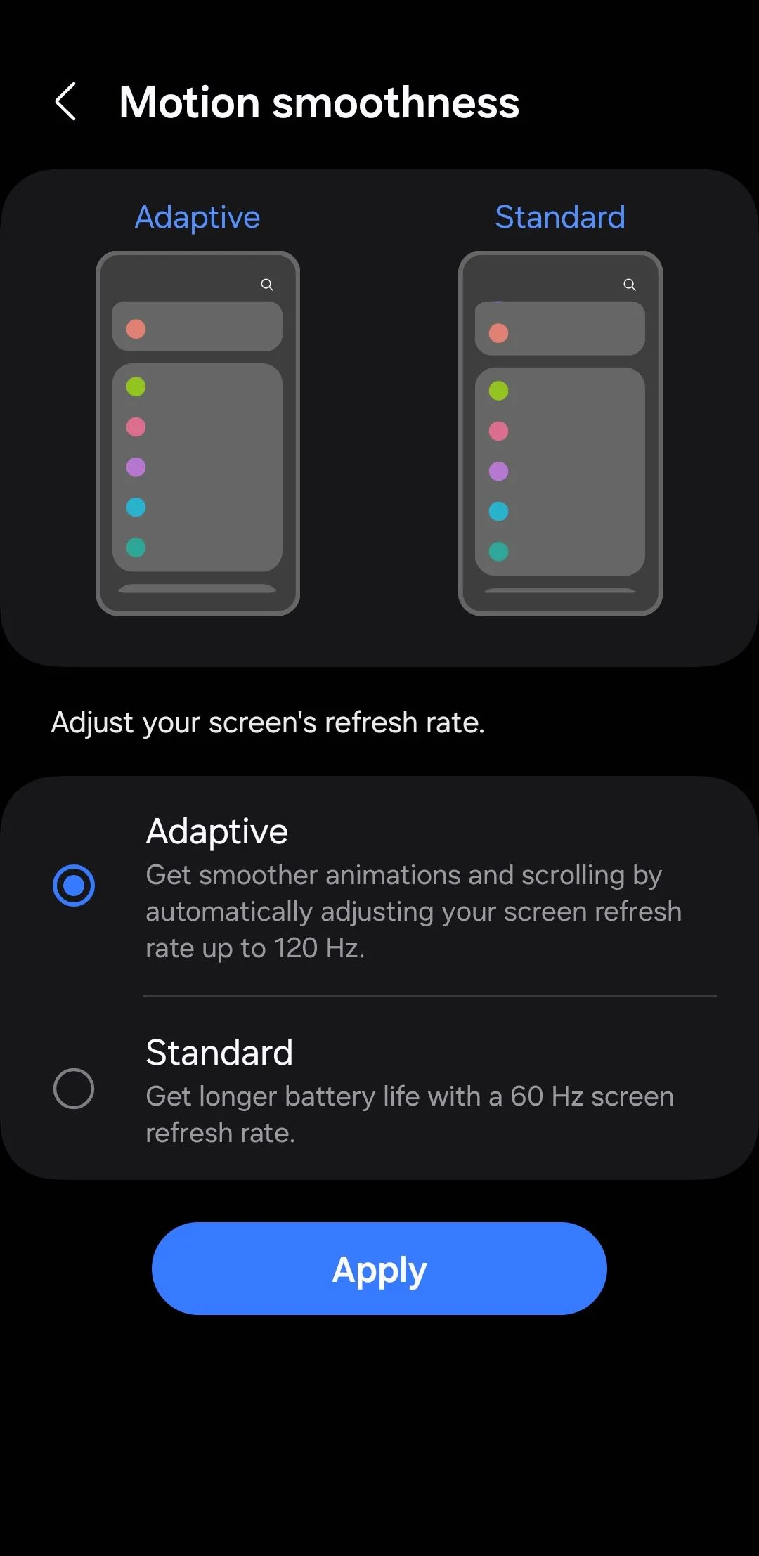 Menu điều chỉnh độ mượt mà của chuyển động (Motion Smoothness) trên điện thoại Samsung