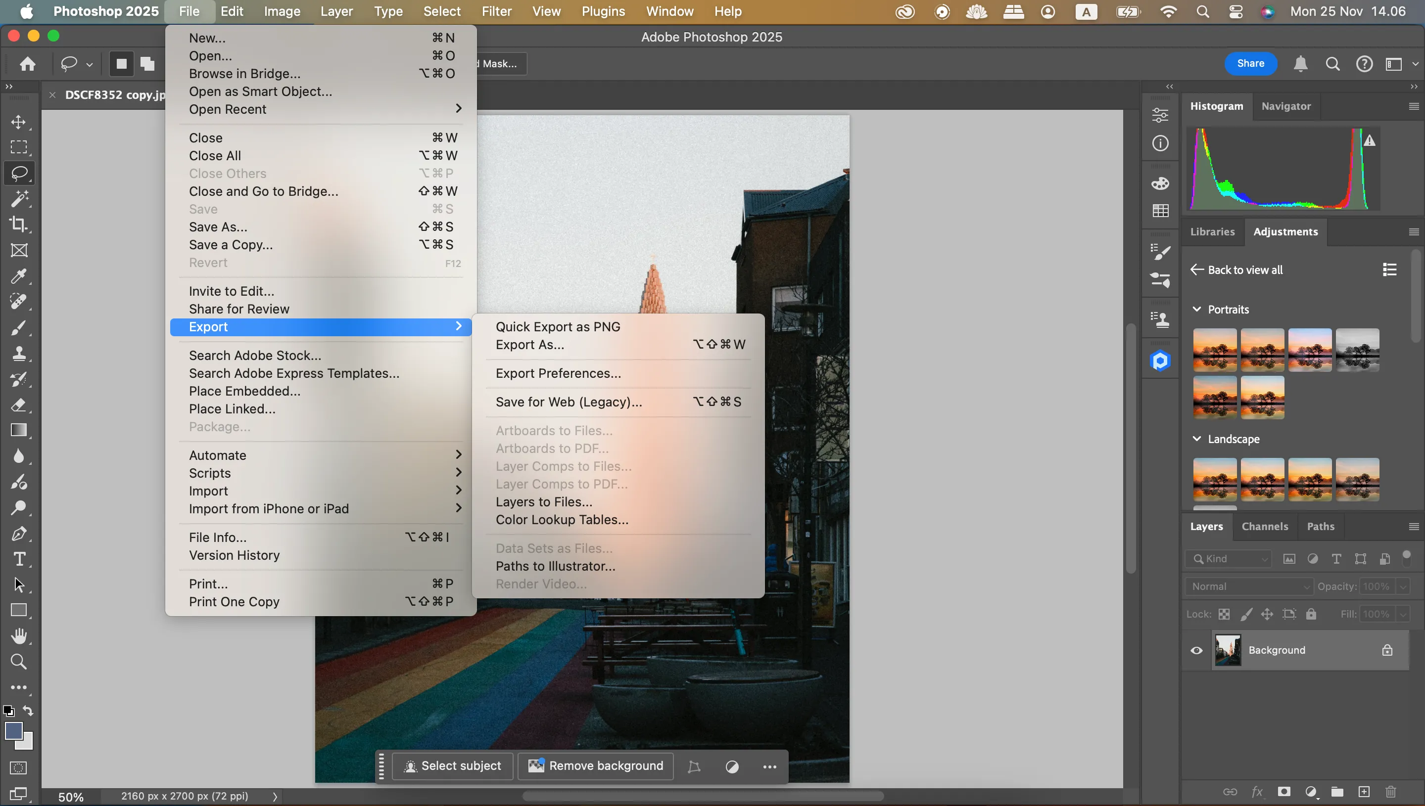 Menu Export trong Photoshop với tùy chọn Quick Export để lưu file dưới định dạng PNG hoặc JPEG