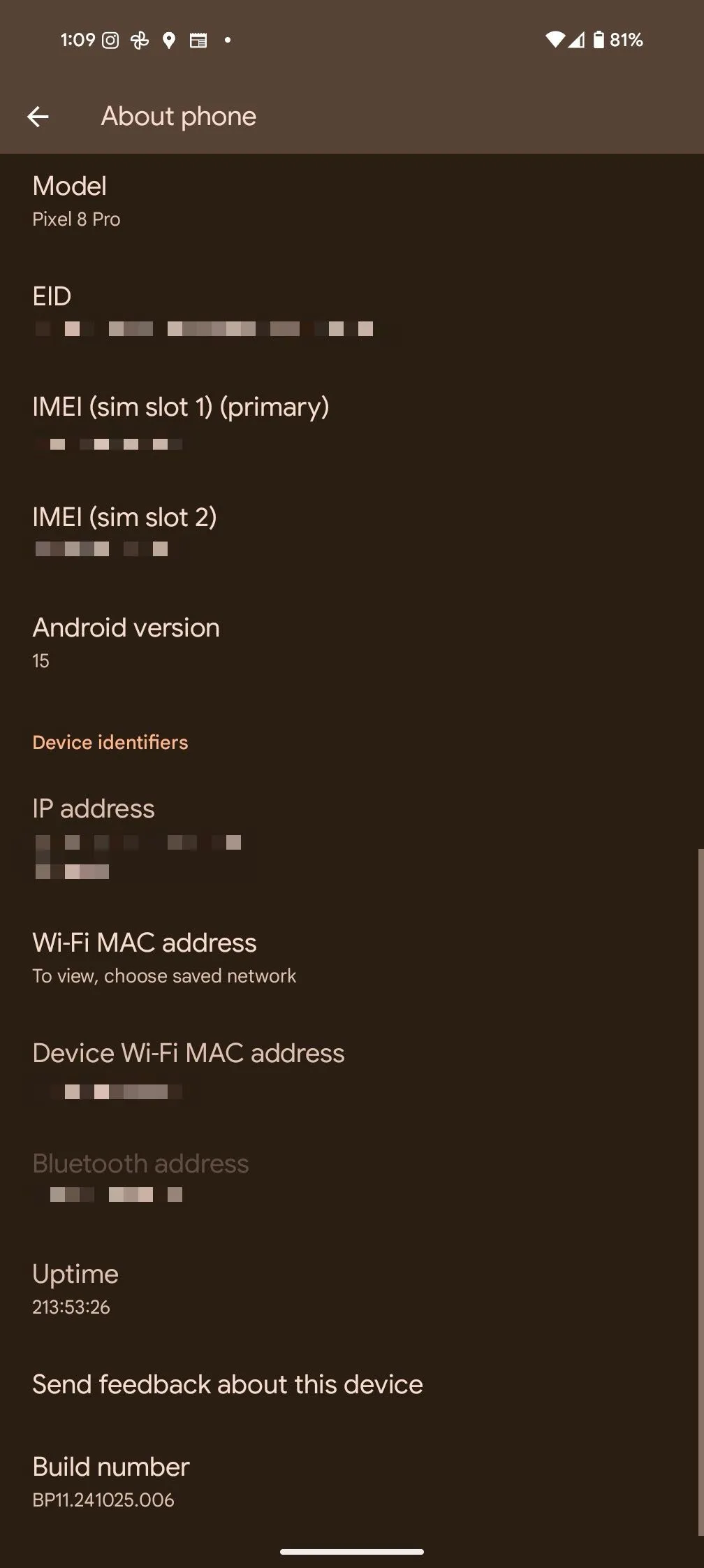 Menu Giới thiệu điện thoại trên Pixel 8 Pro hiển thị tùy chọn Số bản dựng để kích hoạt Developer Options