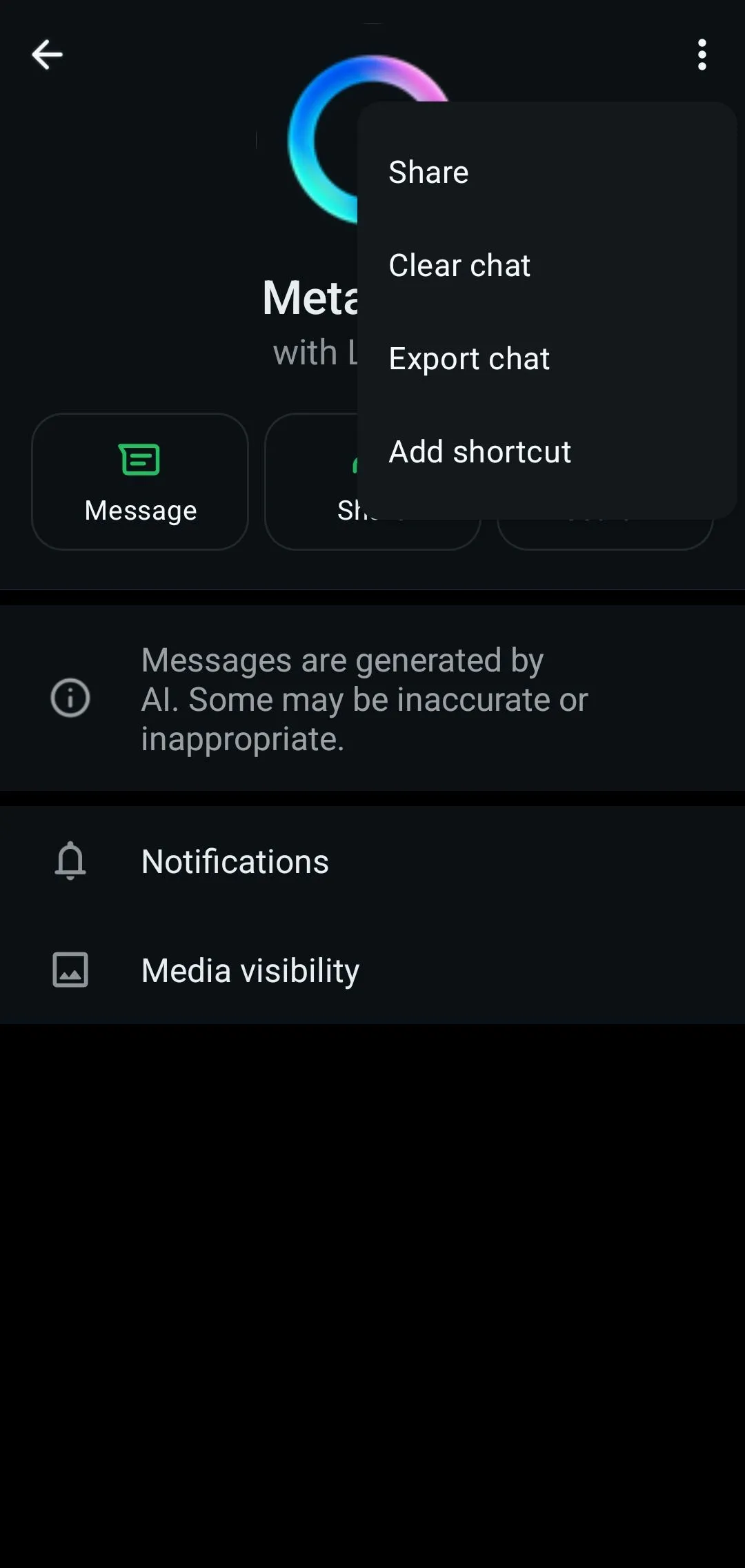 Menu hồ sơ WhatsApp hiển thị tùy chọn Meta AI, cho thấy không có cách tắt tính năng này.