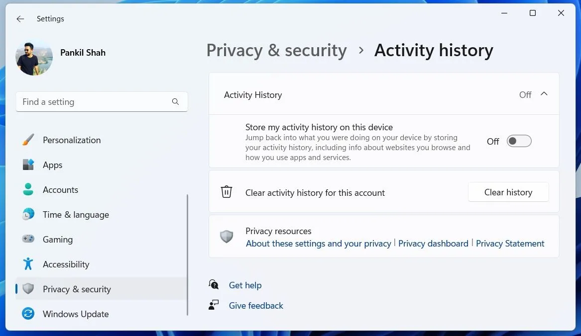 Menu lịch sử hoạt động trong ứng dụng cài đặt Windows 11 để quản lý dữ liệu