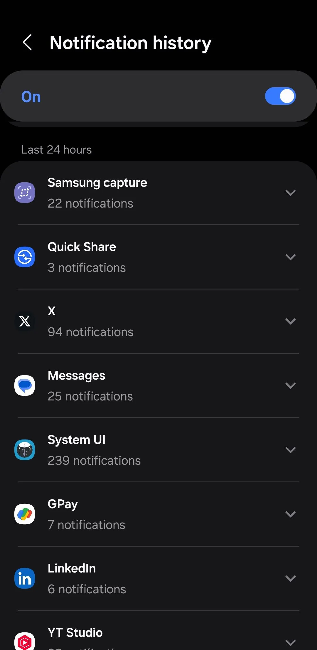 Menu lịch sử thông báo (Notification History) trên điện thoại Android