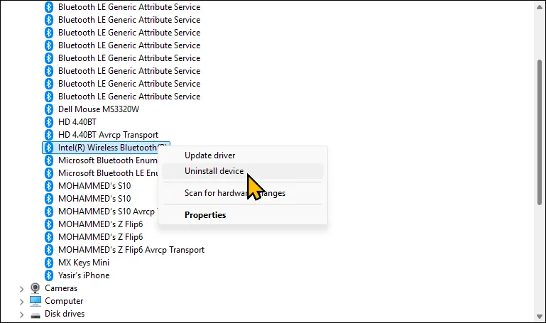 Menu ngữ cảnh bộ điều hợp Bluetooth trong Trình quản lý Thiết bị Windows 11