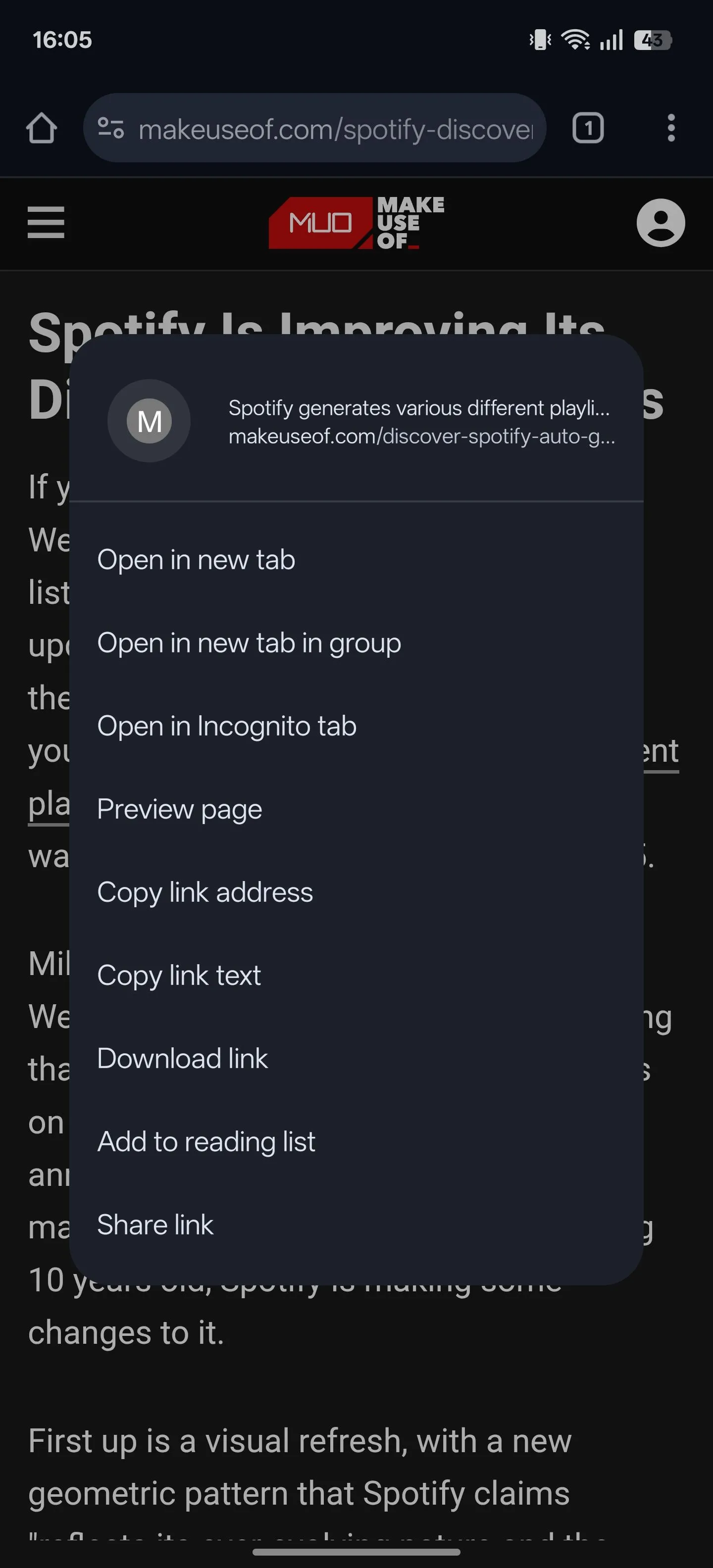 Menu ngữ cảnh hiển thị khi giữ lâu vào một liên kết trên trang web trong Chrome cho Android, bao gồm tùy chọn 'Xem trước trang'