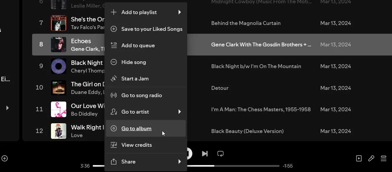 Menu ngữ cảnh Spotify với tùy chọn 'Đi tới Album'