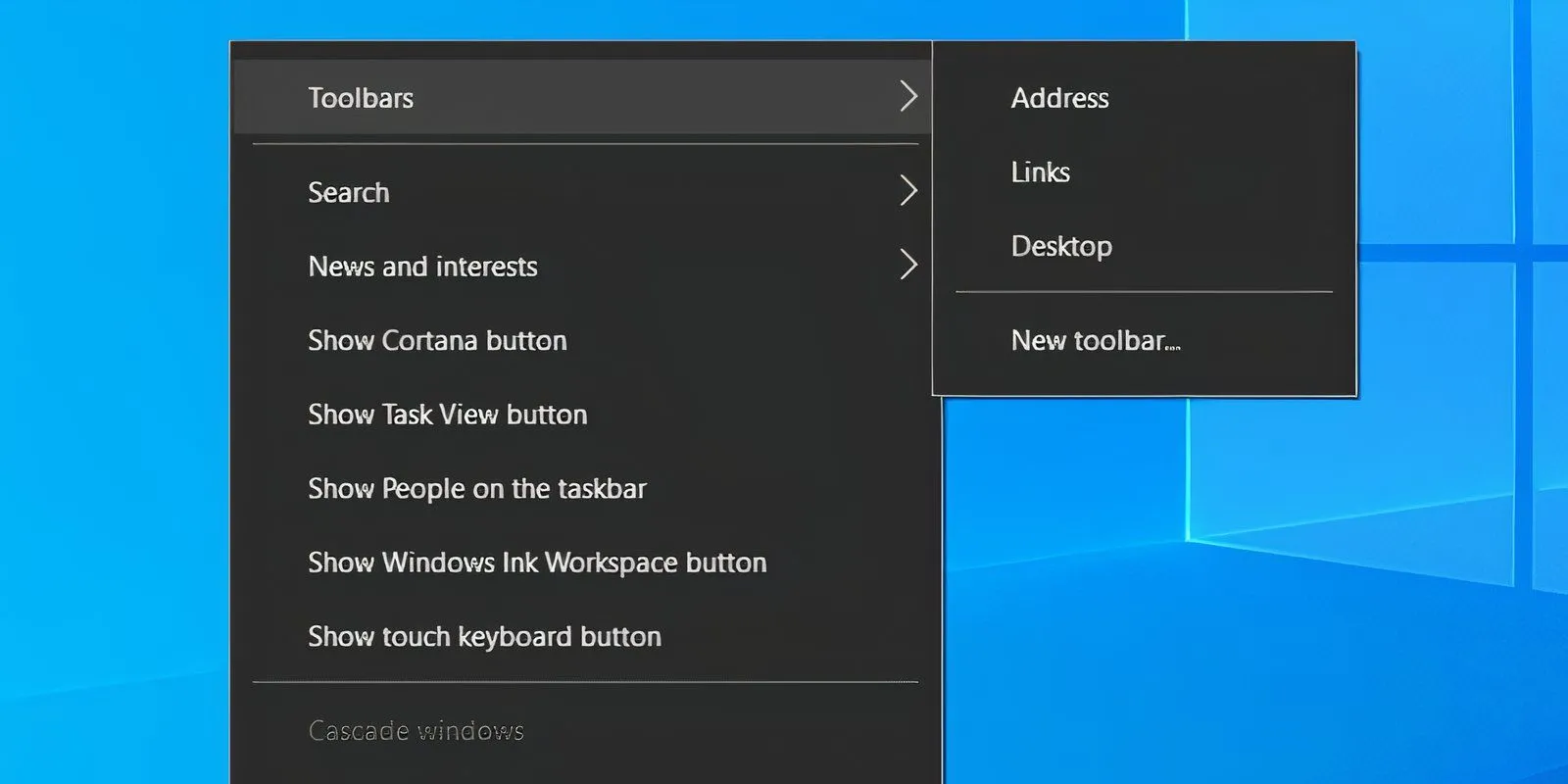 Menu ngữ cảnh thanh tác vụ Windows 10 với tùy chọn Thanh công cụ (Toolbars)