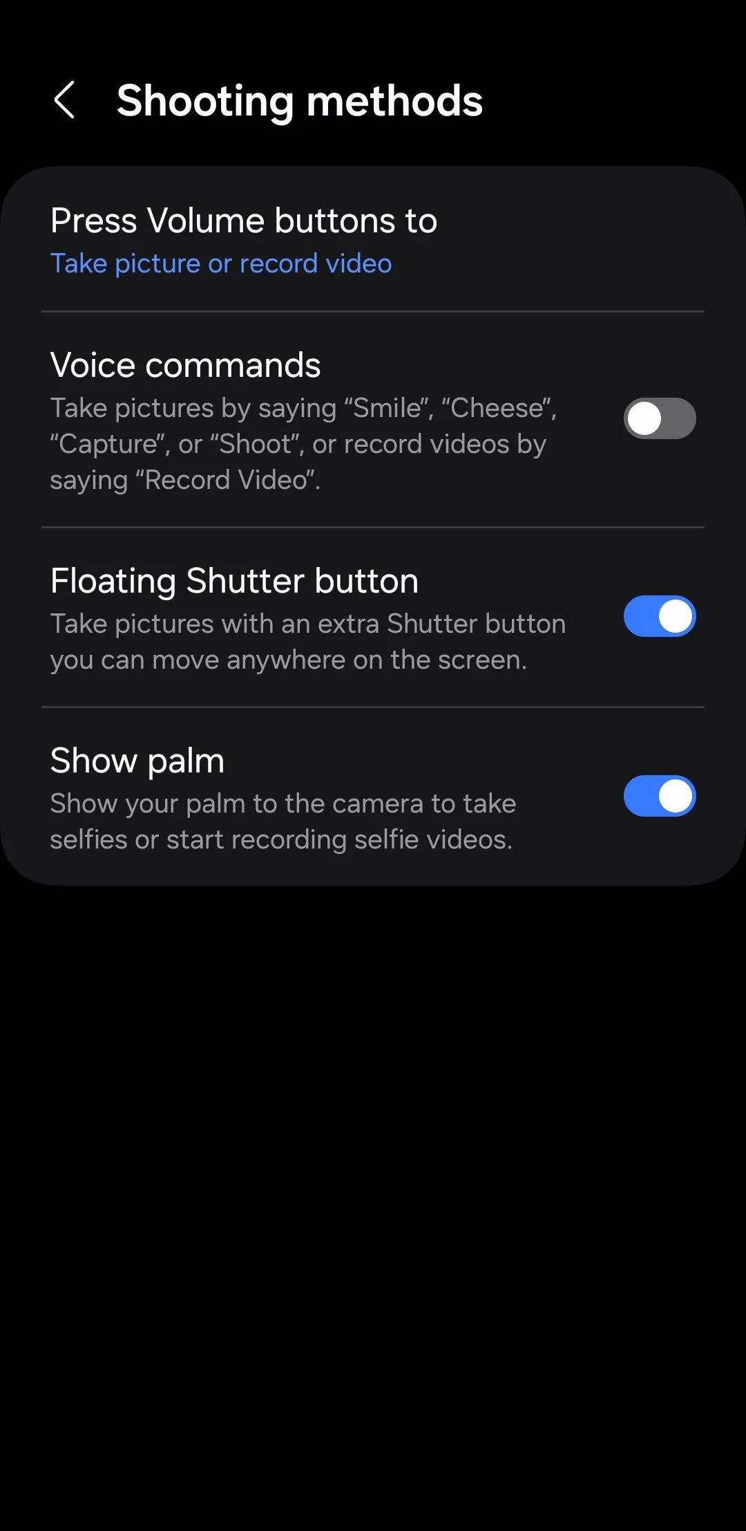 Menu phương pháp chụp với tùy chọn nút chụp nổi trên camera Samsung