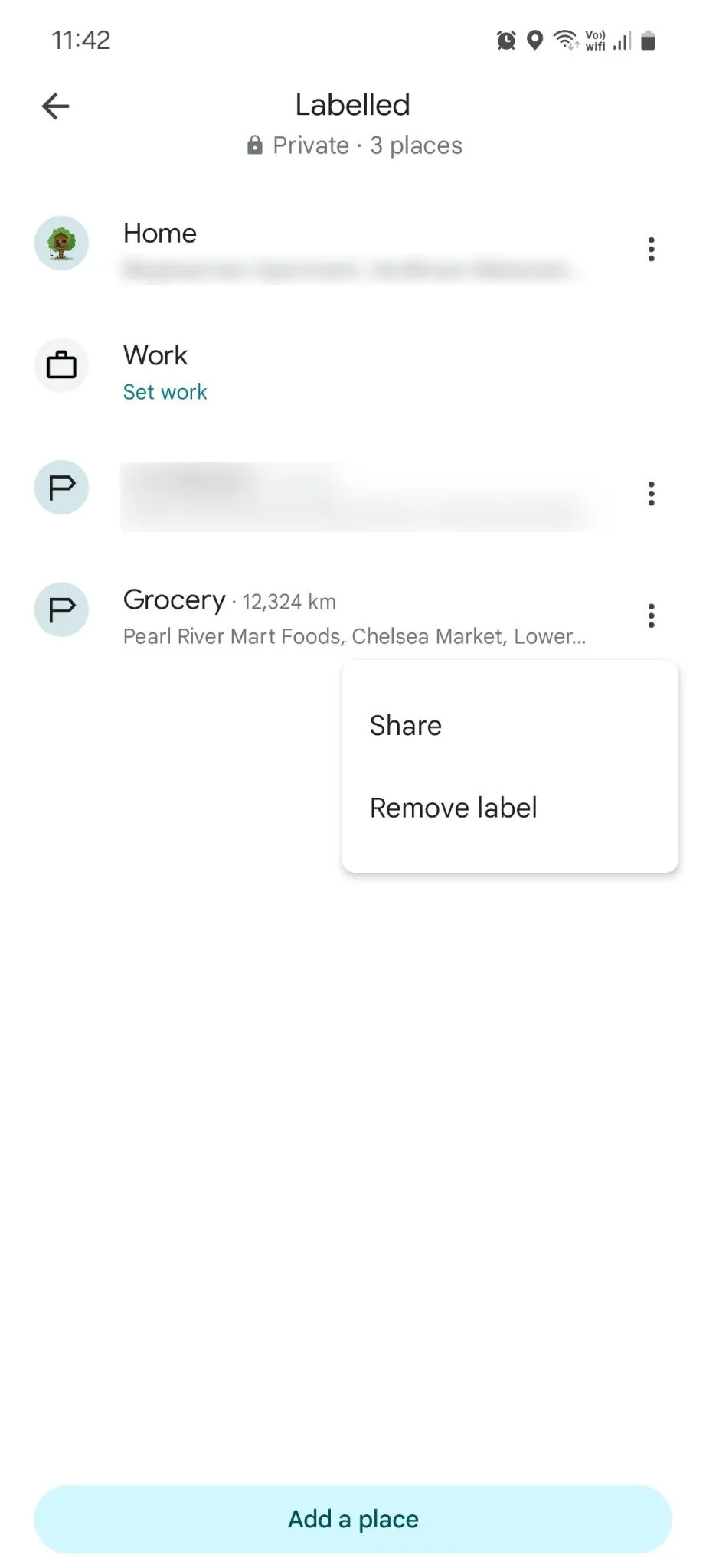 Menu quản lý địa điểm đã dán nhãn trên Google Maps