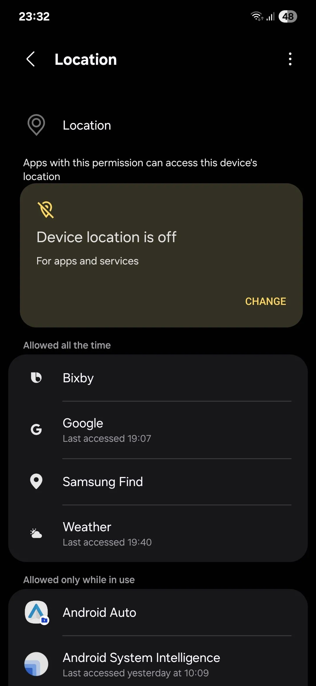 Menu quản lý quyền truy cập vị trí của ứng dụng trên điện thoại Samsung.