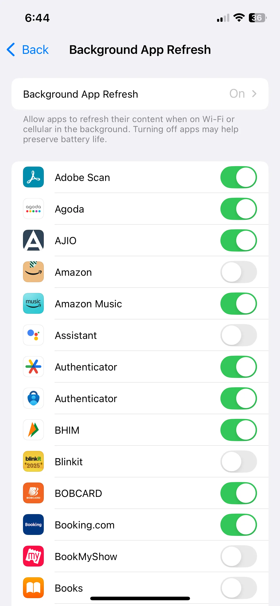 Menu quản lý tính năng Làm mới ứng dụng nền trên iPhone