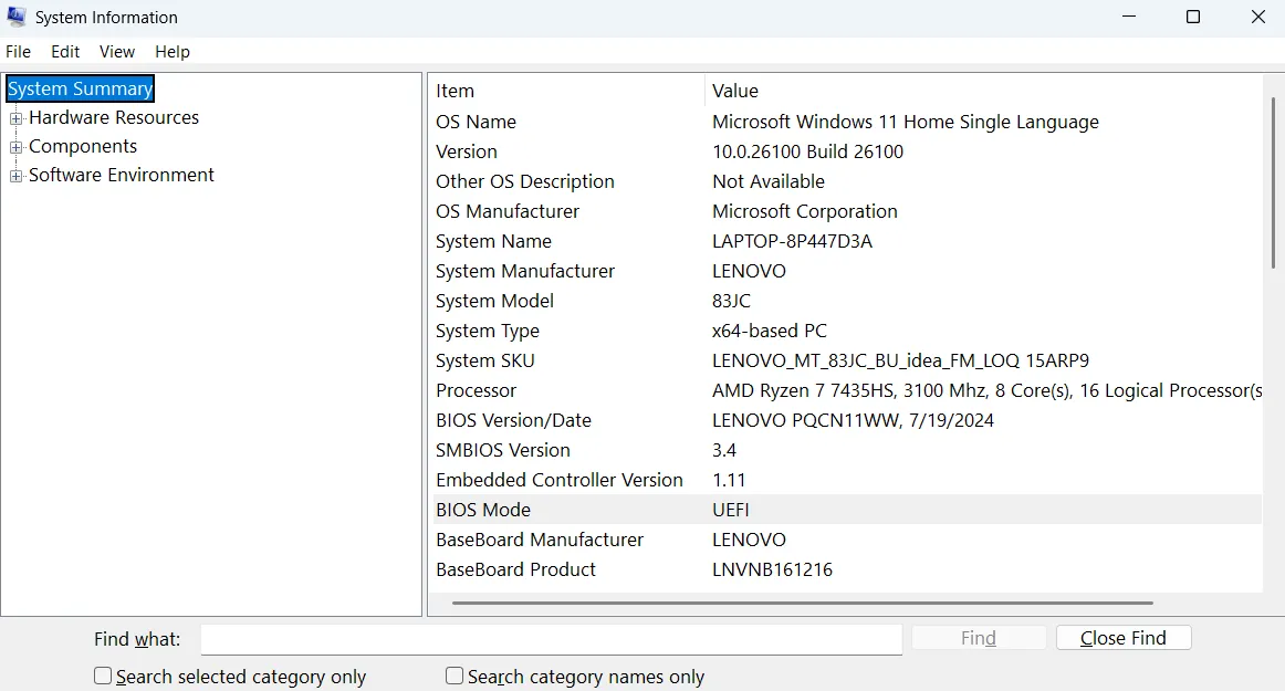 Menu System Information (Thông tin Hệ thống) trong Windows