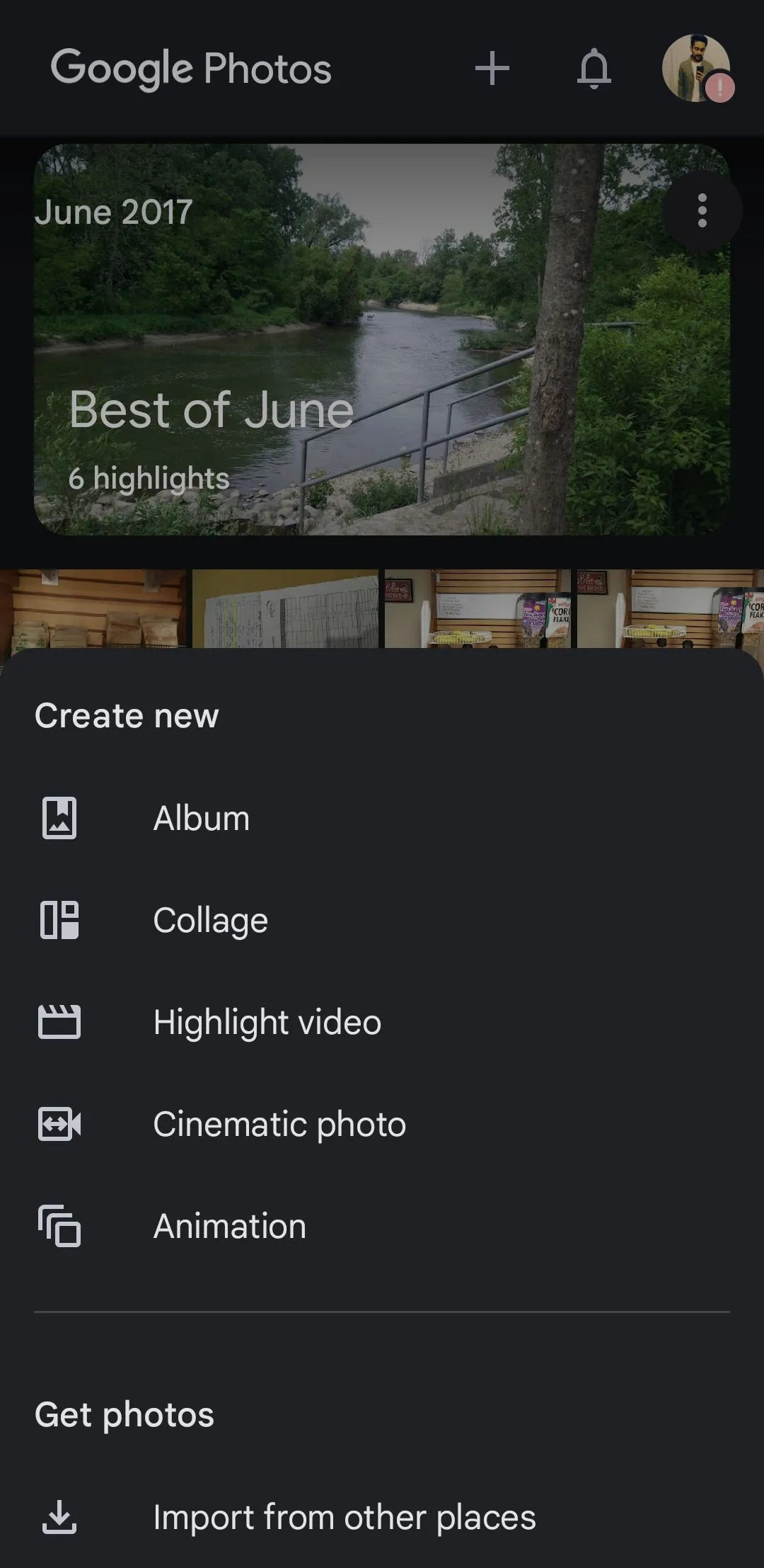 Menu tạo ảnh ghép, hoạt ảnh và video trong Google Photos