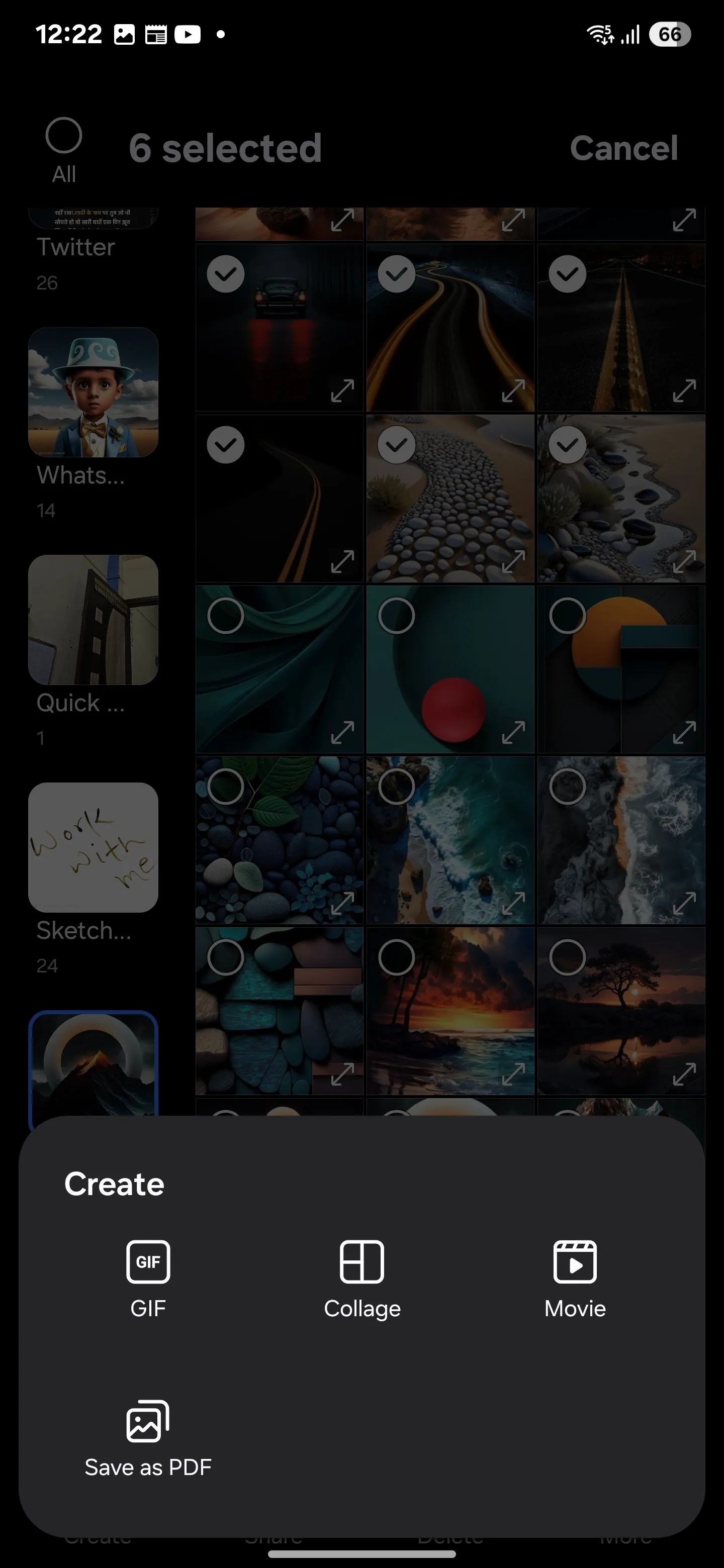 Menu &quot;Tạo&quot; trong Samsung Gallery hiển thị các tùy chọn như GIF, Ghép ảnh, Phim và &quot;Lưu dưới dạng PDF&quot;, giúp người dùng sáng tạo và quản lý nội dung.