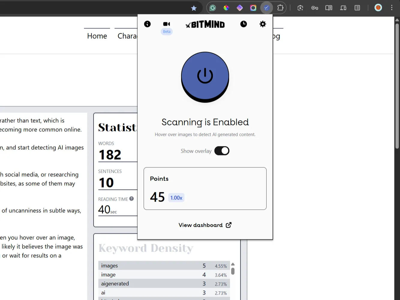Menu tiện ích BitMind Chrome với bộ đếm từ ở nền.