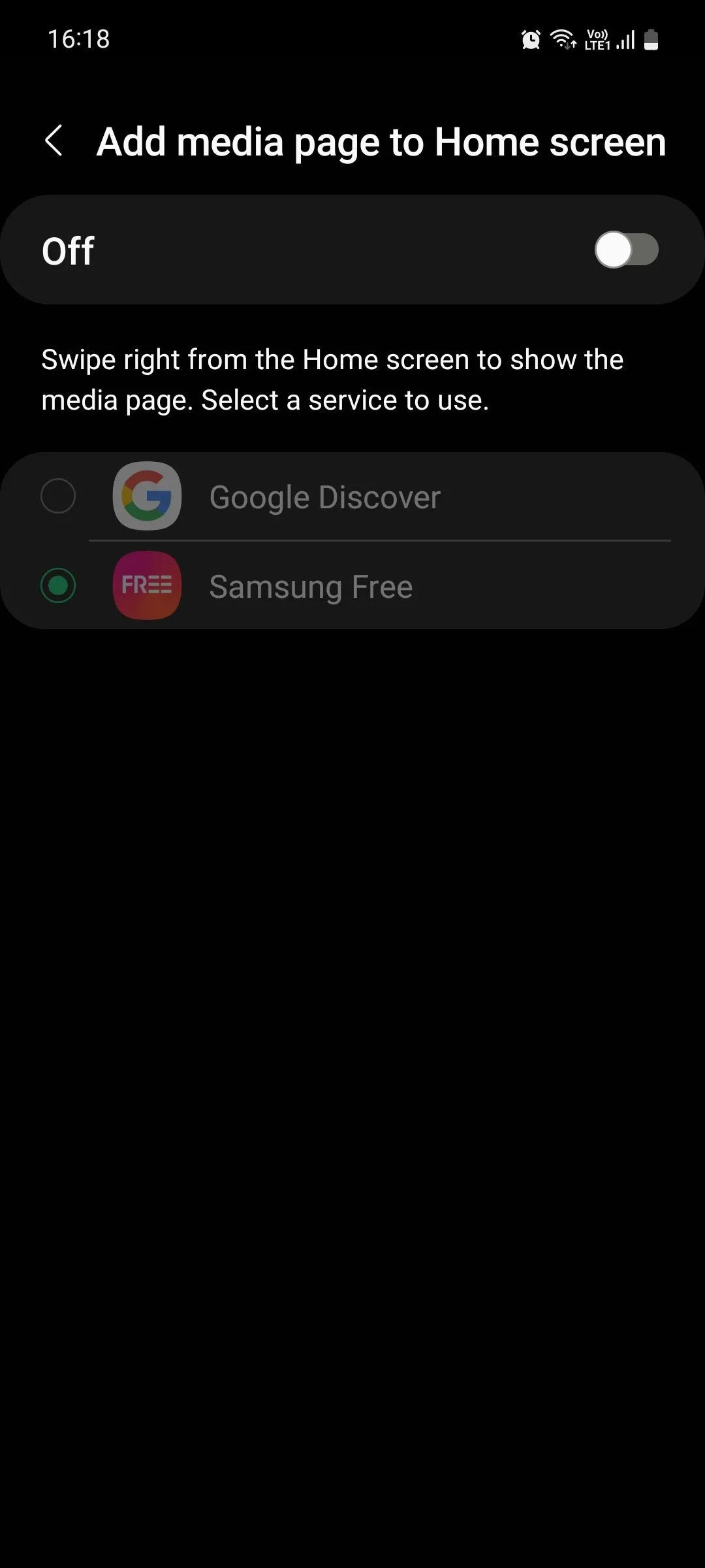 Menu &quot;Trang phương tiện&quot; trong cài đặt Màn hình chờ của Samsung, cho phép vô hiệu hóa Samsung Free.
