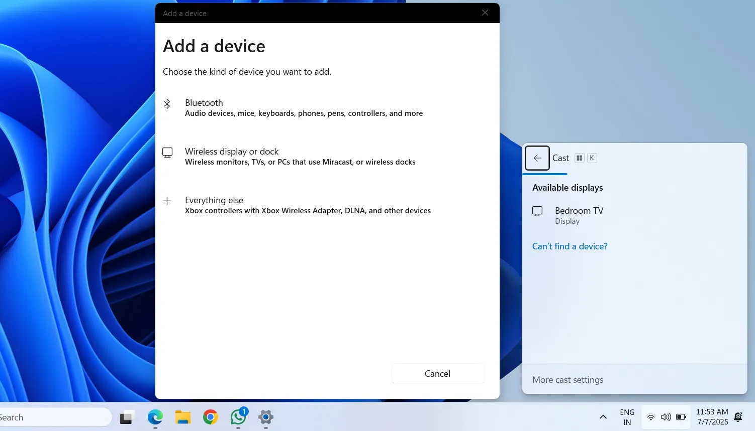Menu truyền nội dung (Cast) trên desktop Windows 11, hiển thị danh sách các thiết bị không dây khả dụng để kết nối