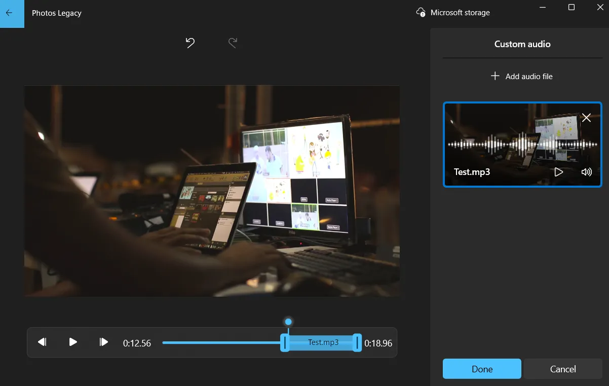 Menu tùy chỉnh âm thanh trong trình chỉnh sửa video Photos Legacy của Windows