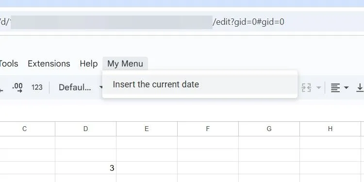 Menu tùy chỉnh "My Menu" trong Google Sheets được tạo bằng Google Apps Script để chèn ngày tháng tự động