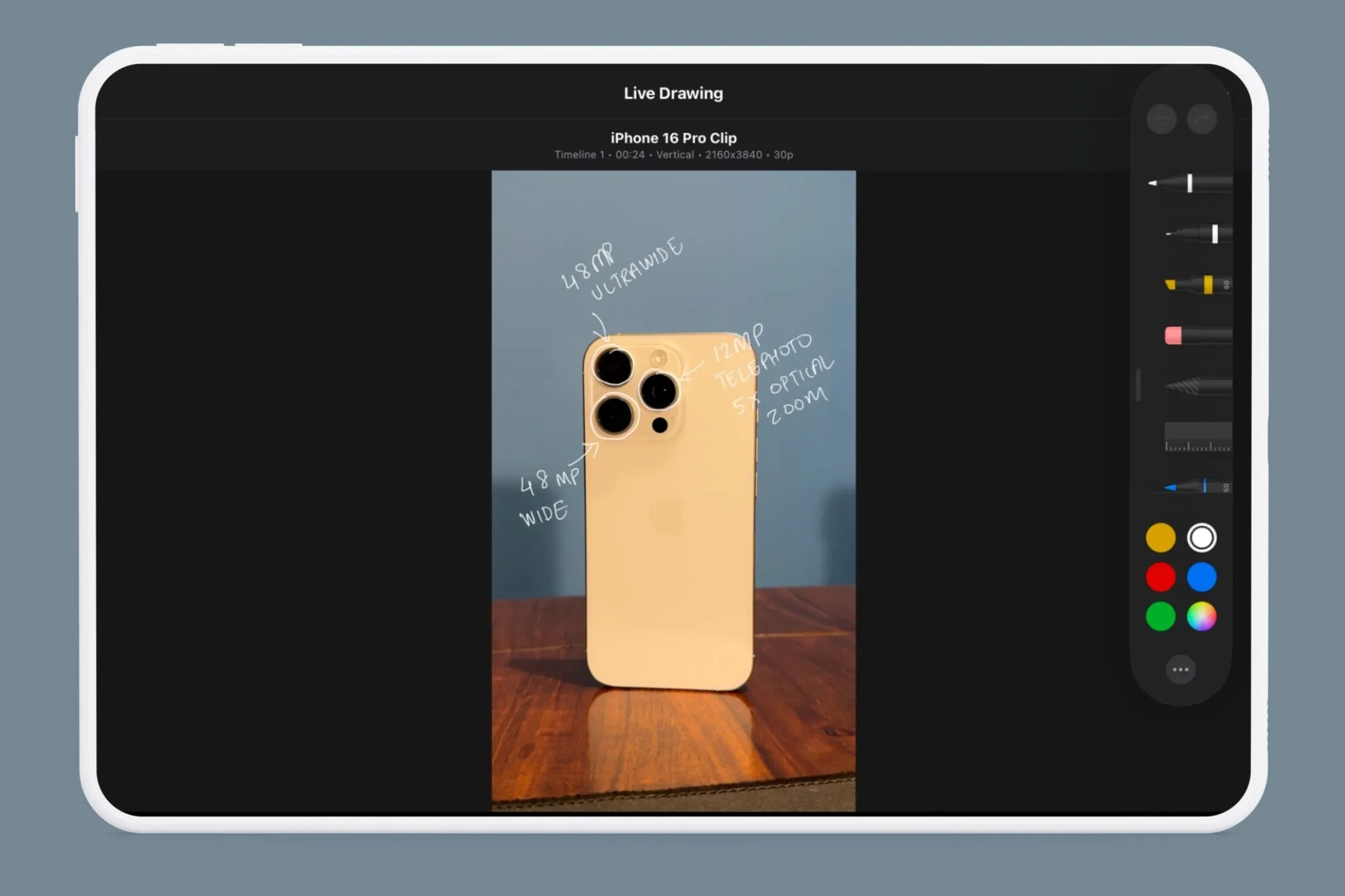 Menu tùy chọn công cụ vẽ Live Drawing trong Final Cut Pro iPad với các loại bút khác nhau