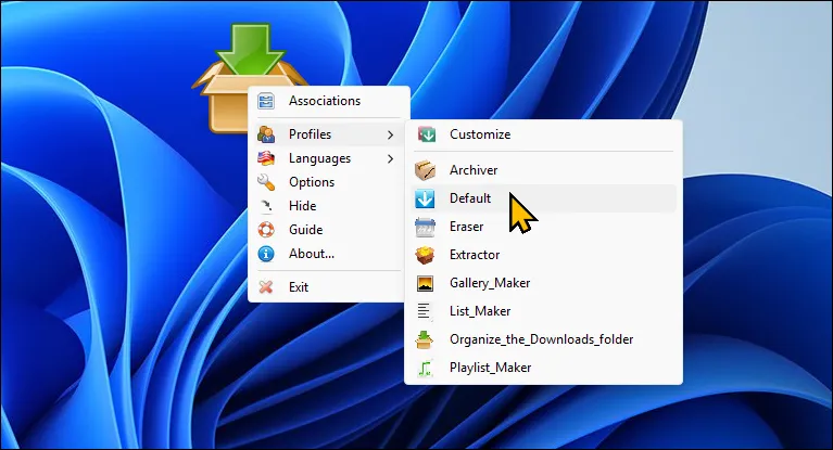 Menu tùy chọn của DropIt hiển thị trên màn hình nền Windows 11, cho phép thiết lập quy tắc tự động sắp xếp tệp.