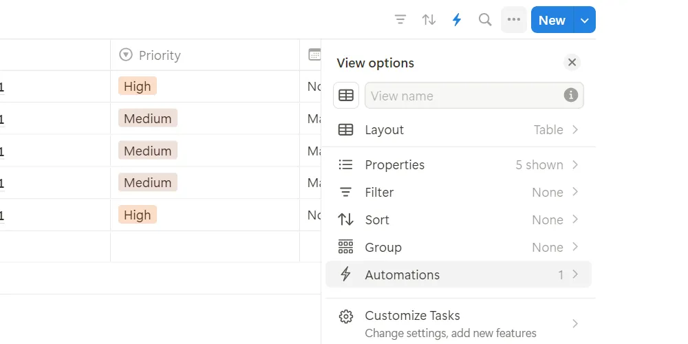 Menu tùy chọn của một cơ sở dữ liệu liên kết trong Notion, bao gồm mục Automation