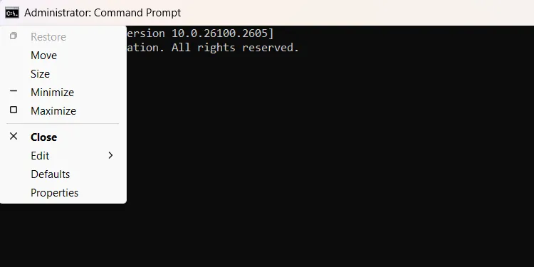 Menu tùy chọn khi nhấp vào biểu tượng Command Prompt trên Windows.