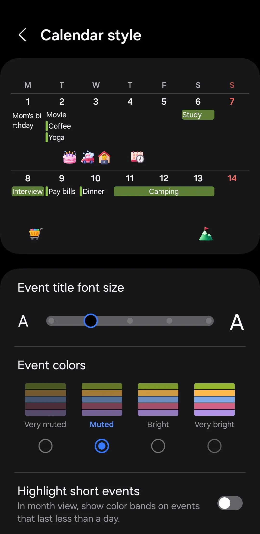 Menu tùy chọn kiểu lịch (Calendar style) trong ứng dụng Lịch Samsung