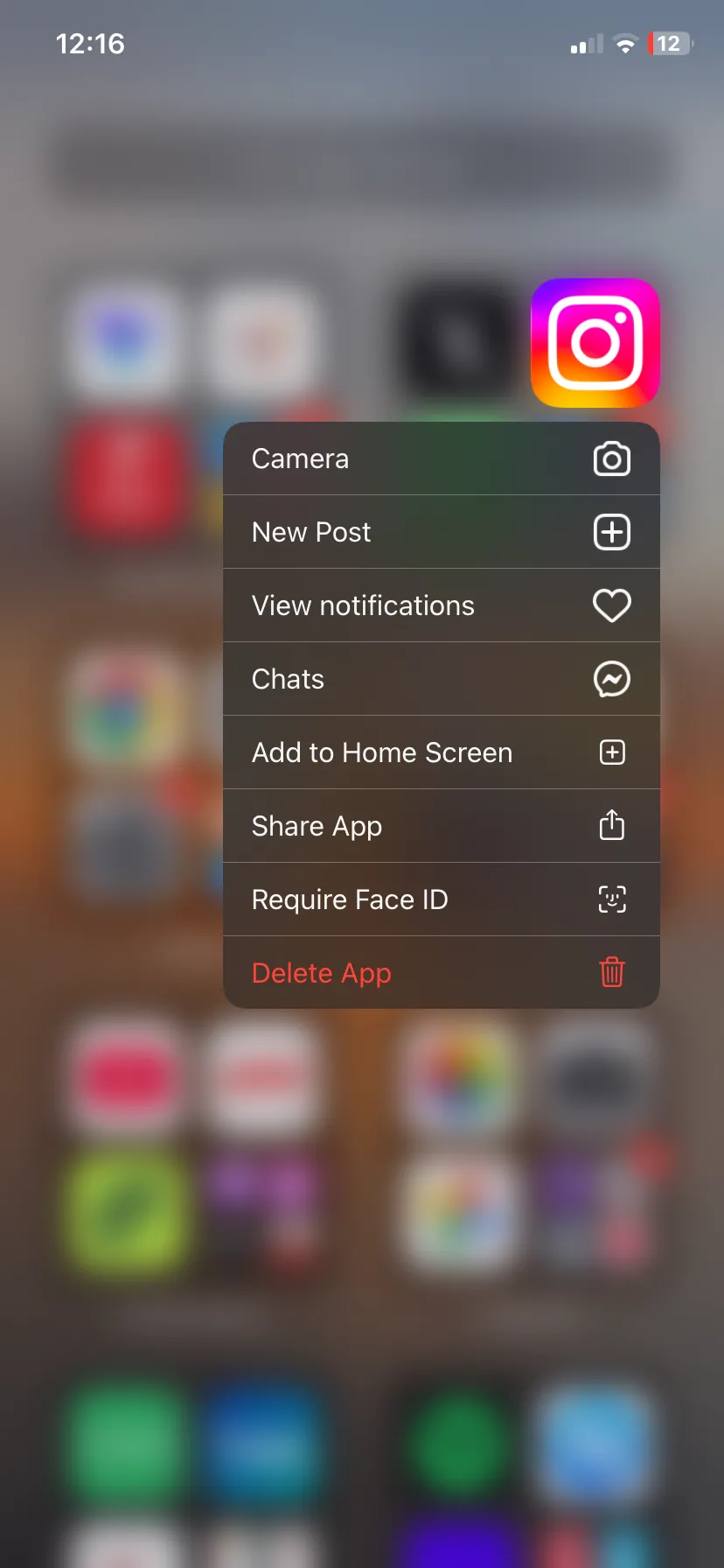 Menu tùy chọn nhanh (Quick Actions) của ứng dụng Instagram trên iPhone
