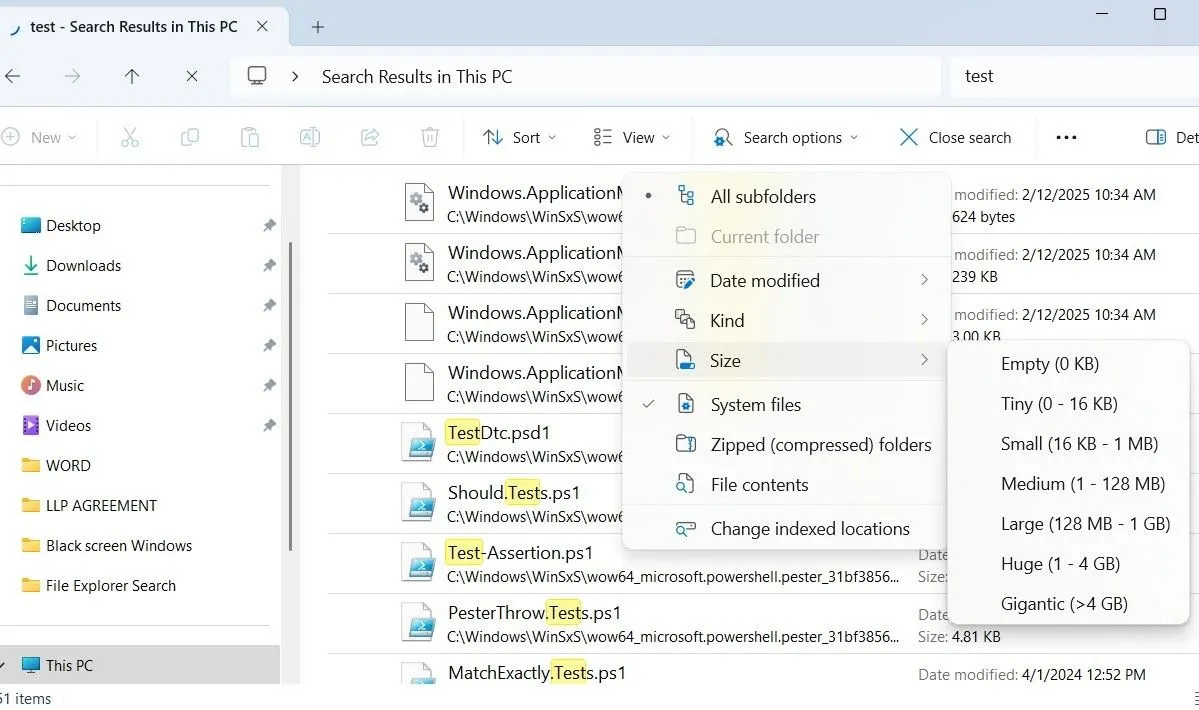 Menu tùy chọn tìm kiếm nâng cao trong File Explorer trên Windows, bao gồm các bộ lọc như loại, ngày sửa đổi, kích thước