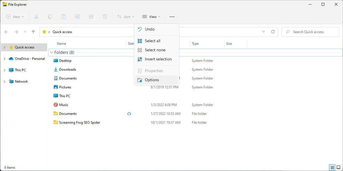 Menu tùy chọn &quot;Xem thêm&quot; trong File Explorer của Windows 11