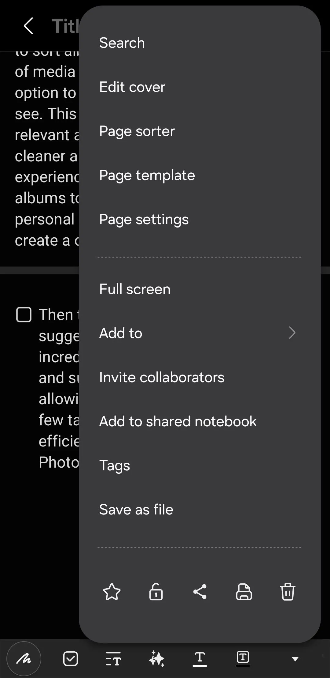 Menu tùy chọn xuất ghi chú sang các định dạng khác nhau trong ứng dụng Samsung Notes