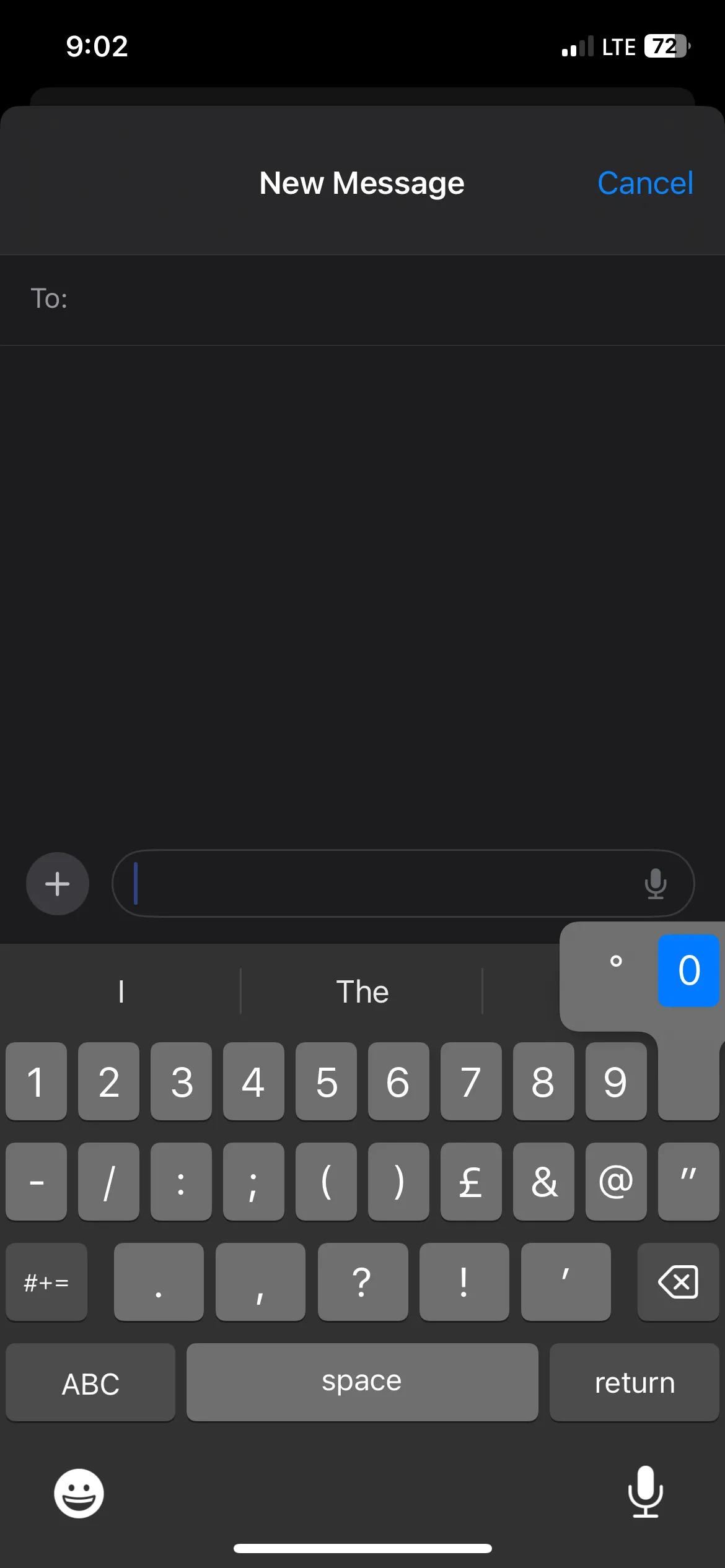 Menu tùy chọn xuất hiện khi nhấn giữ phím số 0 trên bàn phím iPhone để chèn ký hiệu độ.