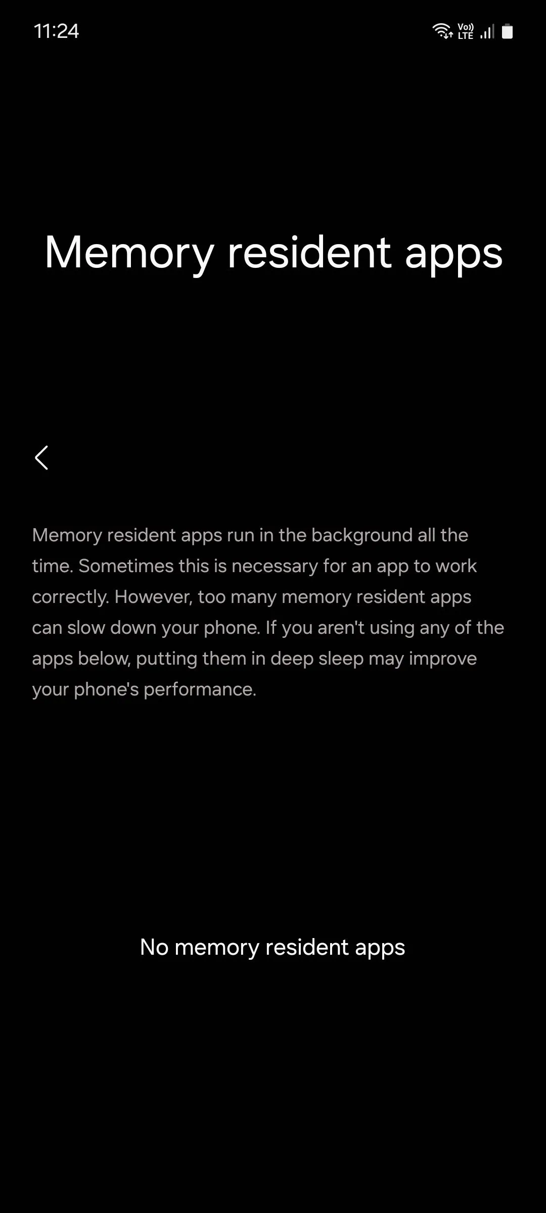 Menu Ứng dụng bộ nhớ thường trú trên điện thoại Samsung, nơi quản lý các ứng dụng luôn chạy nền.