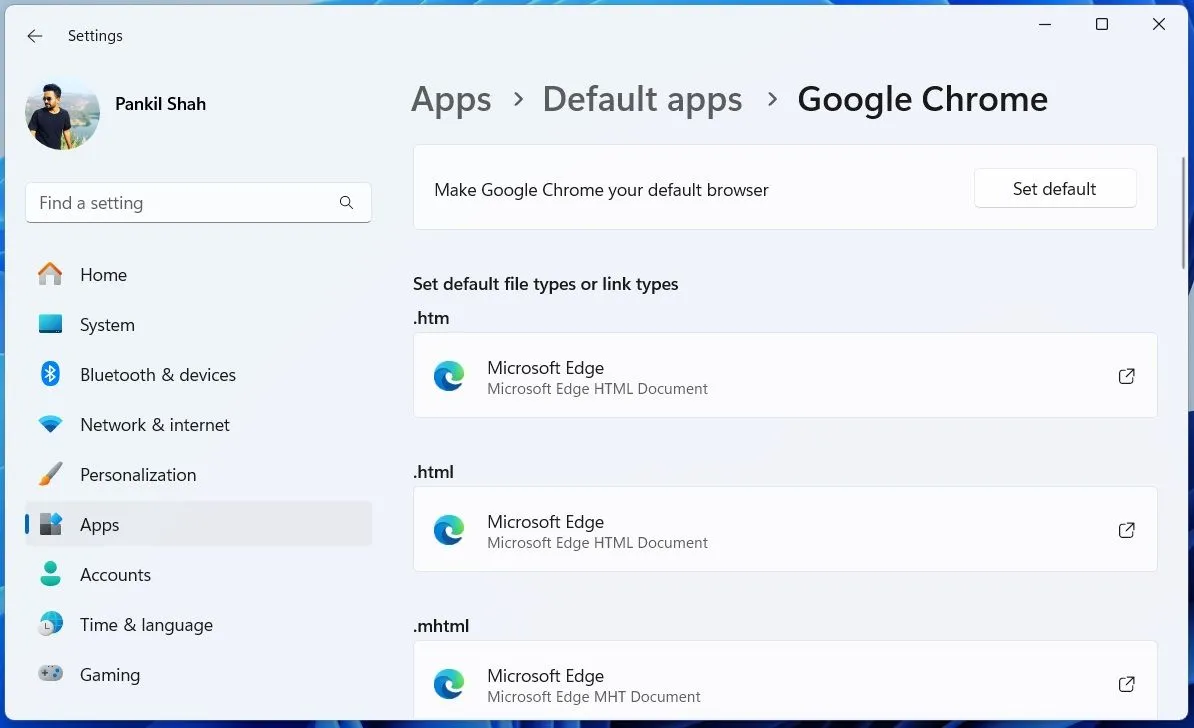 Menu ứng dụng mặc định trong Cài đặt Windows 11