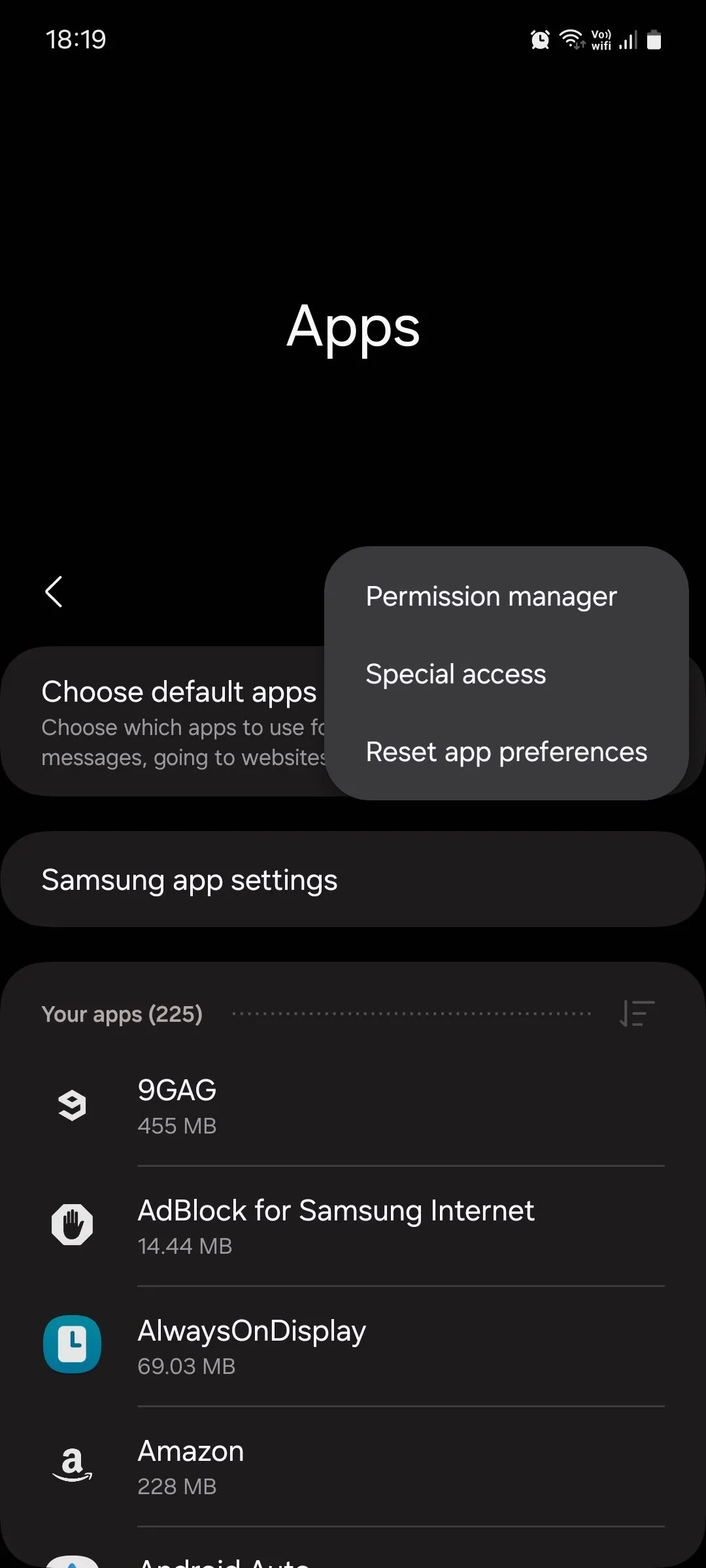 Menu Ứng dụng trên Samsung Galaxy One UI, hiển thị tùy chọn Trình quản lý quyền