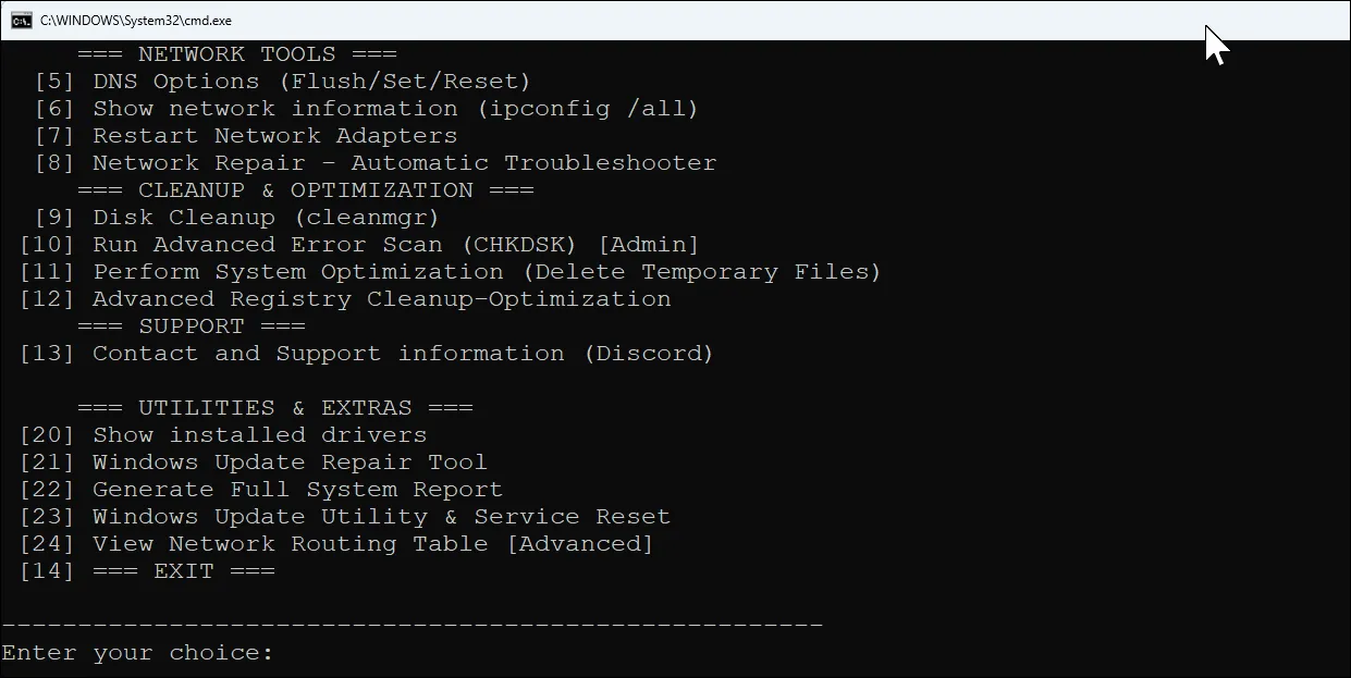menu Windows Maintenance Tool với các tùy chọn khắc phục lỗi hệ thống