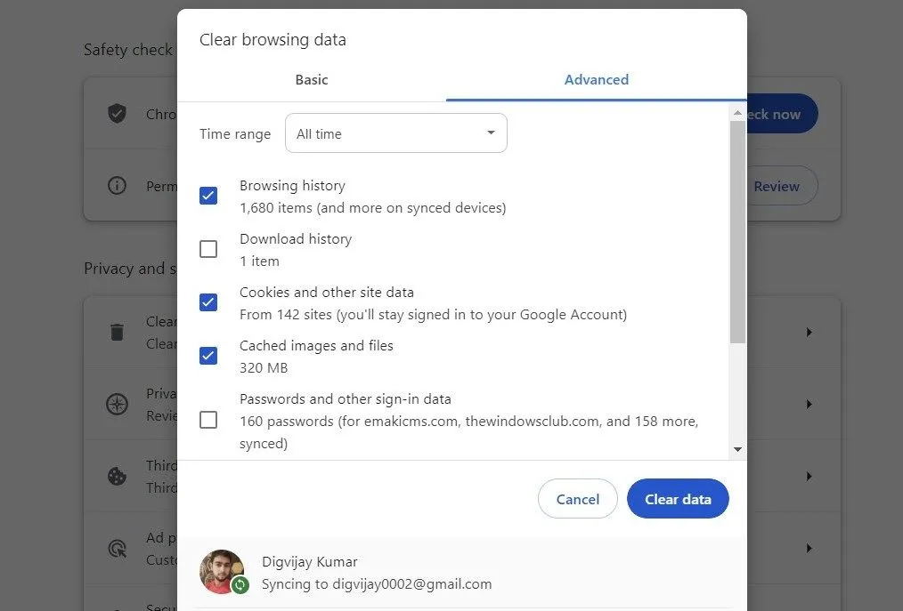 Menu xóa dữ liệu duyệt web bao gồm lịch sử và cookie trên trình duyệt Google Chrome