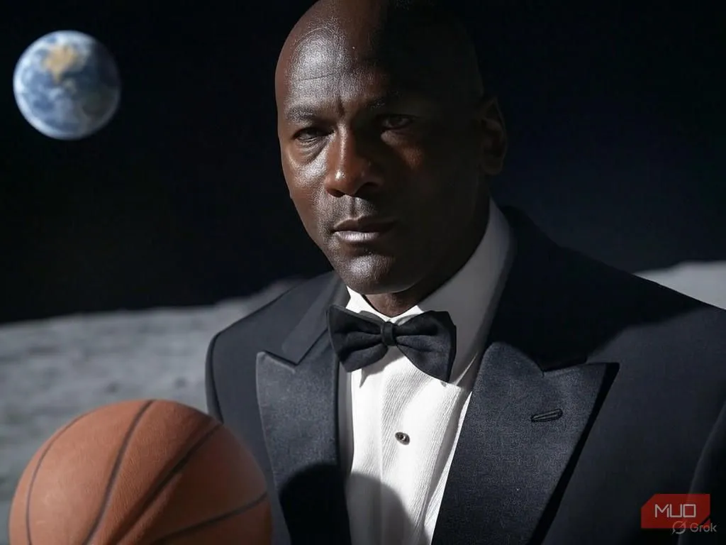 Michael Jordan đang chơi bóng rổ trên mặt trăng trong bộ tuxedo, được tạo bởi AI Aurora