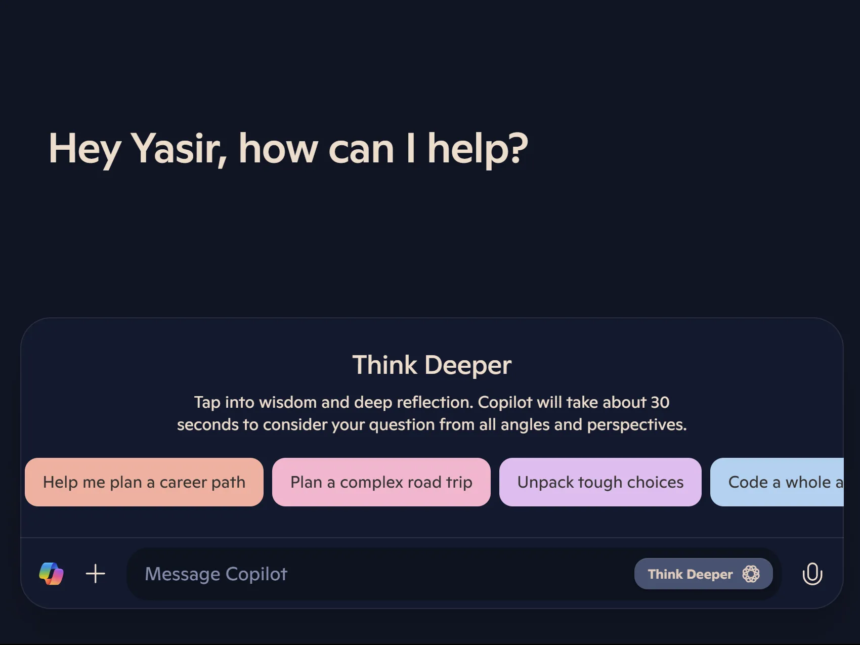 Microsoft Copilot với chế độ Think Deeper được bật, cho thấy giao diện người dùng và khả năng tư duy sâu hơn