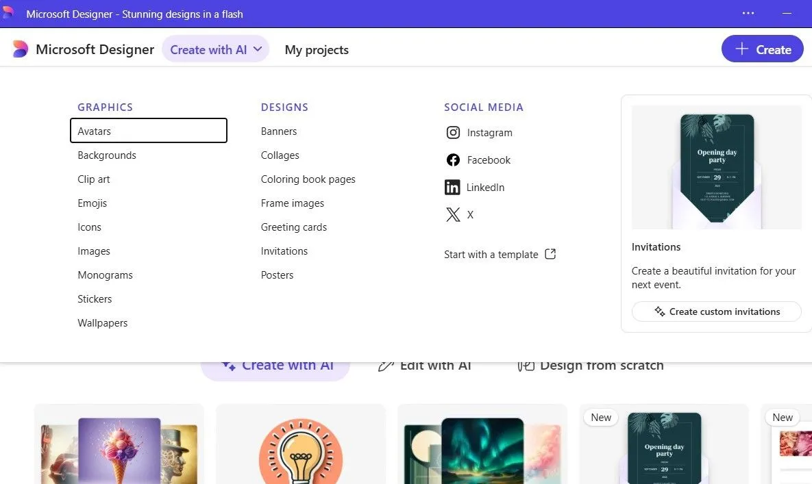 Microsoft Designer với tùy chọn tạo thiết kế bằng trí tuệ nhân tạo (AI)