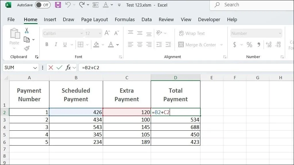 Minh họa công thức tính tổng cơ bản trong một bảng tính Excel, thể hiện cách nhập và sử dụng công thức để xử lý dữ liệu tự động.