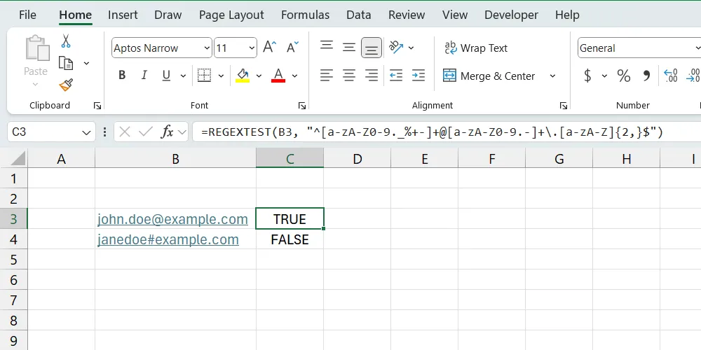 Minh họa hàm REGEXTEST trong Excel kiểm tra định dạng email hợp lệ trả về giá trị TRUE